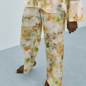 Zara NWT Lightweight Satin Flower Print Stretch Waist Long Pants